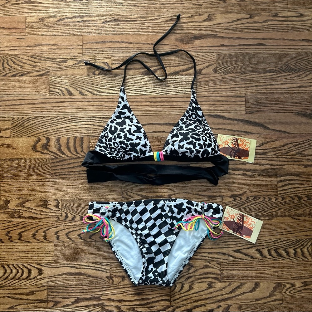 Hobie NWT medium black and white halter bikini butterfly checkers animal print